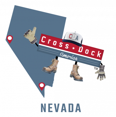 Nevada Cross Dock: blue map of Nevada with Cross Dock Dude giving thumbs up